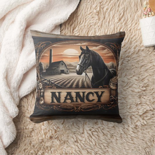 日没の銘板のある馬と農場の風景 クッション (ブランケット)