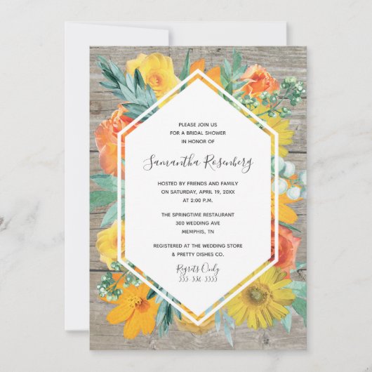 日没の開花花フレームのブライダルシャワー 招待状 (正面)