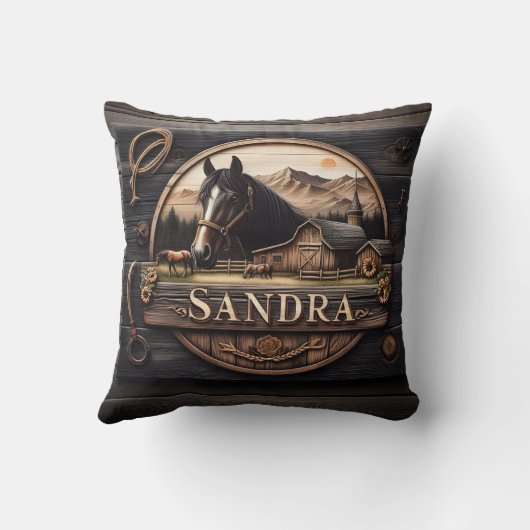 日没の馬と納屋を特徴とする木製の看板 クッション (裏面)