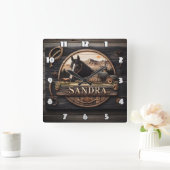 日没の馬と納屋を特徴とする木製の看板 スクエア壁時計 (ホーム)