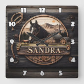 日没の馬と納屋を特徴とする木製の看板 スクエア壁時計 (正面)