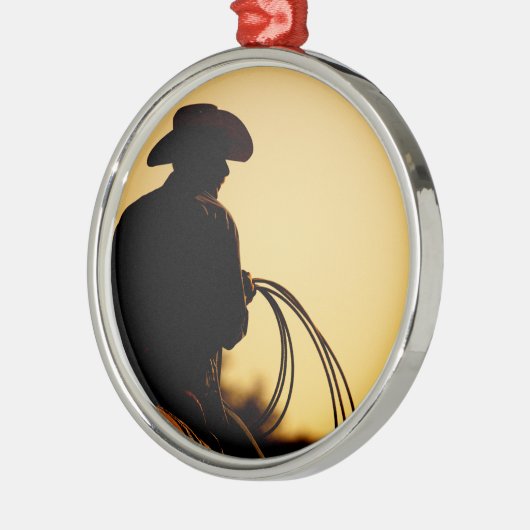 日没への馬ライダーそしてロープ メタルオーナメント (左)