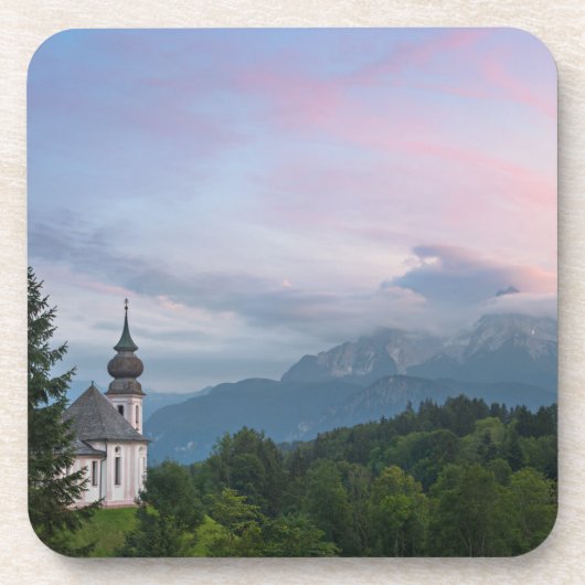 日没アルプス山脈を持つ教会 コースター (正面)