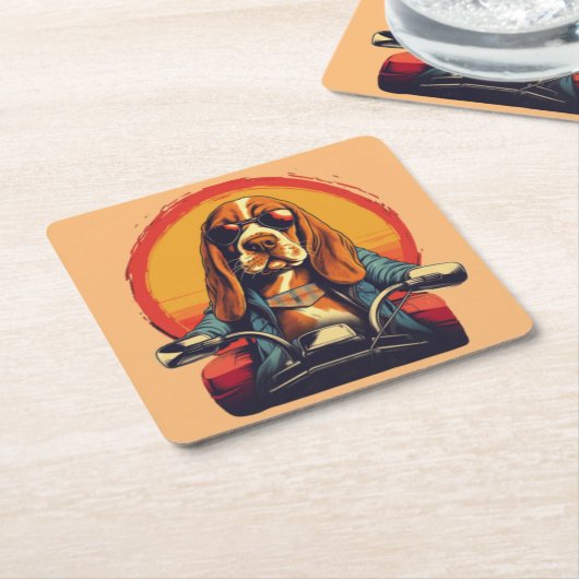 日没クールのバスセットハウンドバイクもしくは自転車に乗る人 スクエアペーパーコースター (アングル)