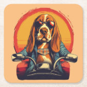 日没クールのバスセットハウンドバイクもしくは自転車に乗る人 スクエアペーパーコースター (正面)