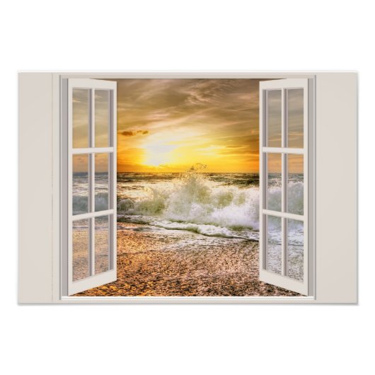 日没ビーチ入潮、開いた写真の拡大 フォトプリント            (正面)