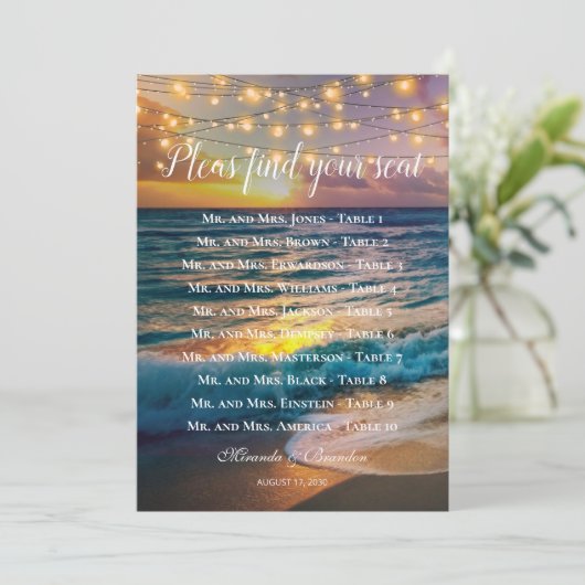 日没ビーチ結婚式テーブル座席表カード サンキューカード (スタンド正面)