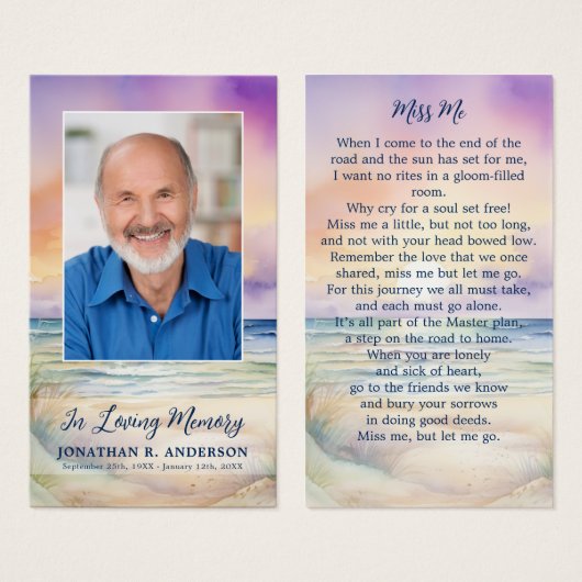 日没ビーチ葬儀写真記念祈りの言葉カード (正面&裏面)