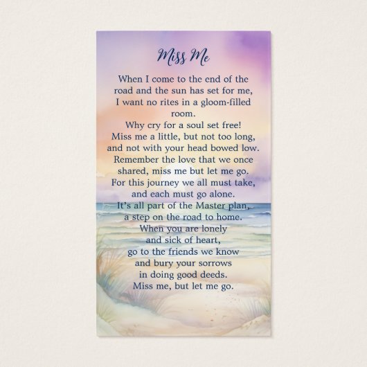 日没ビーチ葬儀写真記念祈りの言葉カード (裏面)