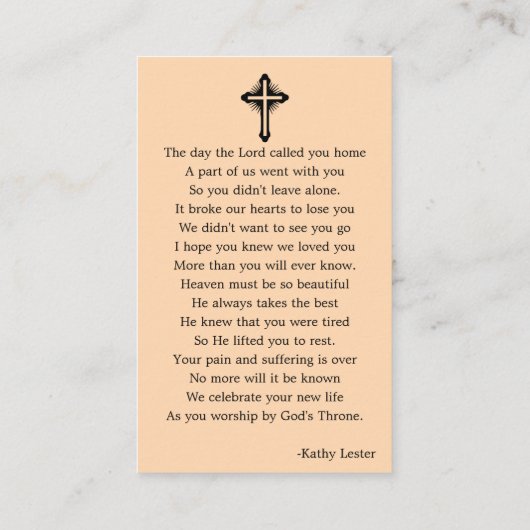 日没ビーチ葬儀記念祈りの言葉フォトカード 名刺 (裏面)