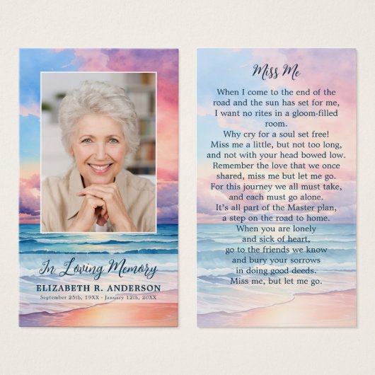 日没ビーチ記念写真葬式祈りの言葉カード (正面&裏面)