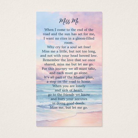 日没ビーチ記念写真葬式祈りの言葉カード (裏面)