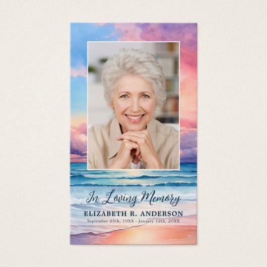 日没ビーチ記念写真葬式祈りの言葉カード (正面)