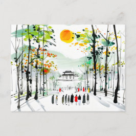 日没中国の時に木の間にある寺 ポストカード