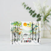 日没中国の時に木の間にある寺 ポストカード (スタンド正面)