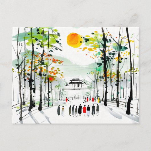 日没中国の時に木の間にある寺 ポストカード (正面)