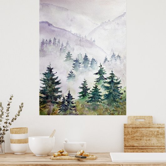 日没後の松の色彩の鮮やか林水色 ポスター (キッチン)