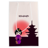 日没日本ののお寺のこけし人形 ミディアムペーパーバッグ (正面)