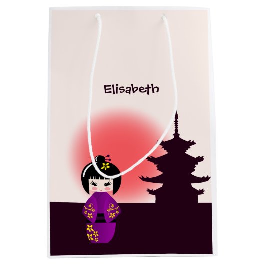 日没日本ののお寺のこけし人形 ミディアムペーパーバッグ (正面)