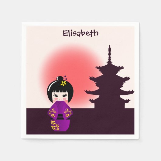 日没日本の少女の寺のこけし人形 スタンダードカクテルナプキン (正面)