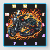 日没時のサイドカー付き炎のオートバイ スクエア壁時計 (正面)