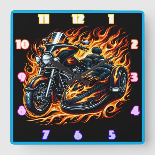 日没時のサイドカー付き炎のオートバイ スクエア壁時計 (正面)