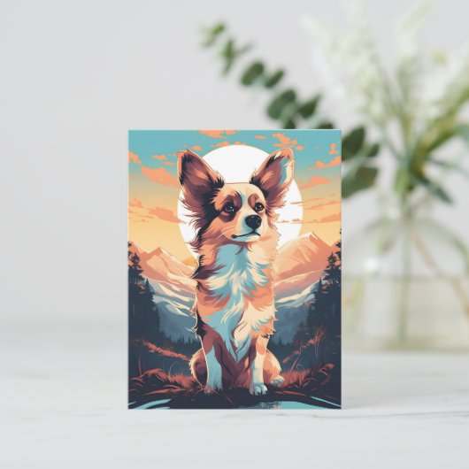 日没時のパピロン犬の冬山林 ポストカード (スタンド正面)