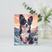 日没時のパピロン犬の冬山林 ポストカード (スタンド正面)