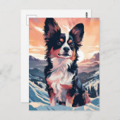 日没時のパピロン犬の冬山林 ポストカード (正面/裏面)