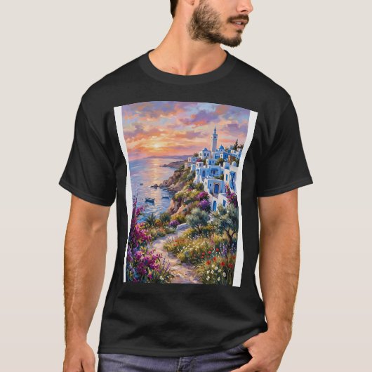 日没時の地中海沿いの村。インパスト Tシャツ (正面)