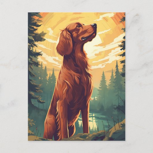 日没時の森のアイリッシュセッター ポストカード (正面)