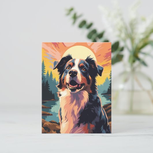 日没時の森の中のオーストラリアの羊飼い ポストカード (スタンド正面)