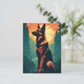 日没時の森の中のドイツの羊飼い ポストカード (スタンド正面)