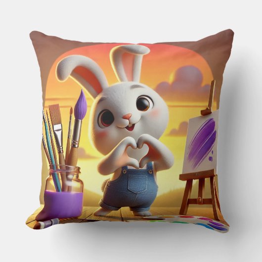 日没時の絵画用品を持つかわいいウサギ クッション (正面)