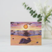 日没時絵画のビーチの水色 シーズンポストカード (スタンド正面)