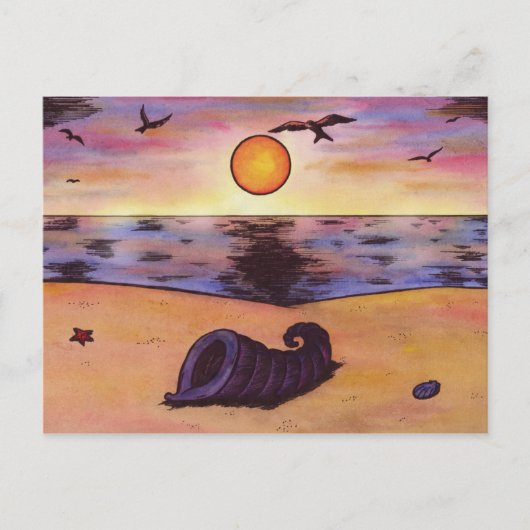 日没時絵画のビーチの水色 シーズンポストカード (正面)