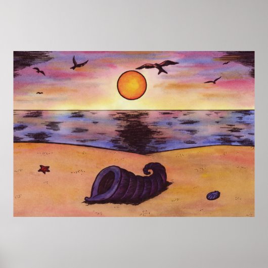日没時絵画のビーチの水色 ポスター (正面)