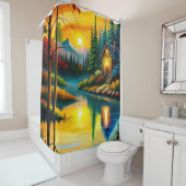 日没絵画時の湖のそばの小屋 シャワーカーテン (インサイチュ)