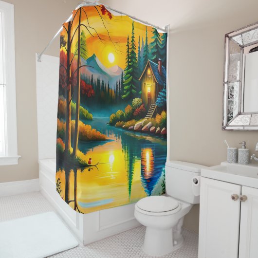 日没絵画時の湖のそばの小屋 シャワーカーテン (インサイチュ)