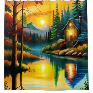 日没絵画時の湖のそばの小屋 シャワーカーテン