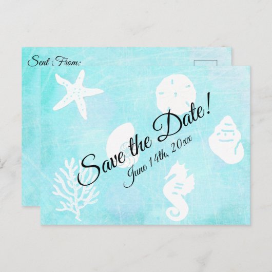 日程を保存 シーシェル ビーチサイドをテーマにした結婚式 ポストカード (正面/裏面)