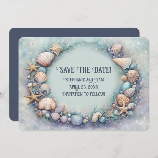 日程を保存 ビーチ シェル 輪飾り 招待状 (正面/裏面)