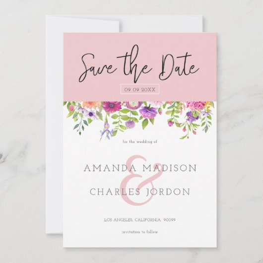 日程を保存 現代のタイポグラフィー & カラフルな花 招待状 (正面)