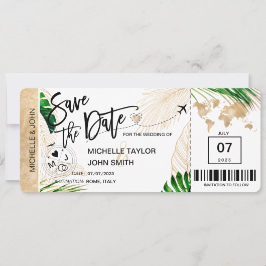 日程を保存 航空券 世界地図 ビーチ 招待状 (正面)