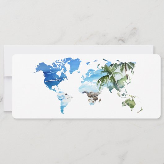 日程を保存 航空券 地図 ビーチ ヤシの木 写真 招待状 (裏面)