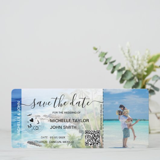 日程を保存 航空券 地図 ビーチ ヤシの木 写真 招待状 (スタンド正面)