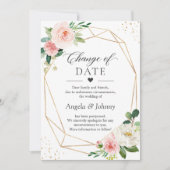 日程変更 ブッシュピンク 花 ゴールド ジオメトリック 招待状 (正面)