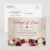 日程変更 ラスティック ウッド バーガンディ レッド フラワー ポストカード (正面/裏面)