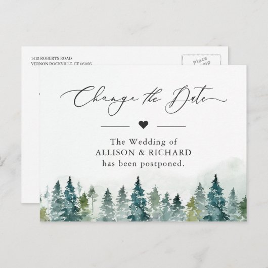 日程変更 冬の森の松の木延期のお知らせ ポストカード (正面/裏面)