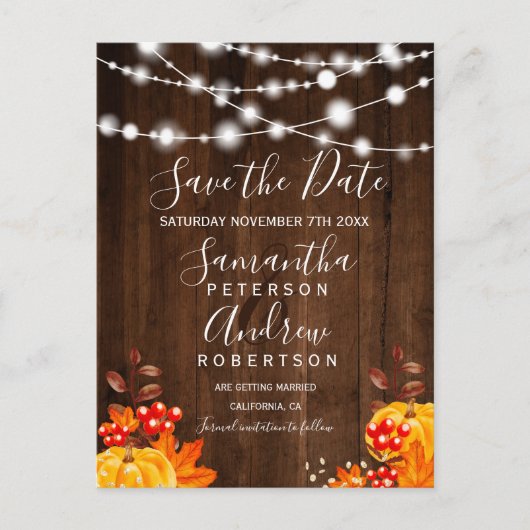 日素朴付を保存する木のカボチャの文字列のライト 案内ポストカード (正面)